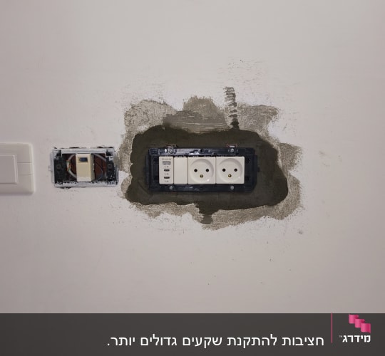 שקעי חשמל מותקנים בקיר עם טיח מסביב